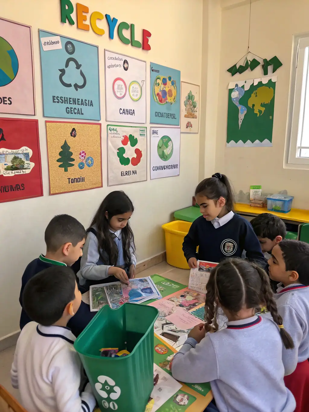 A classroom setting with children learning about aquatic ecosystems and responsible fishing practices, with educational materials and interactive displays, promoting environmental awareness and education.