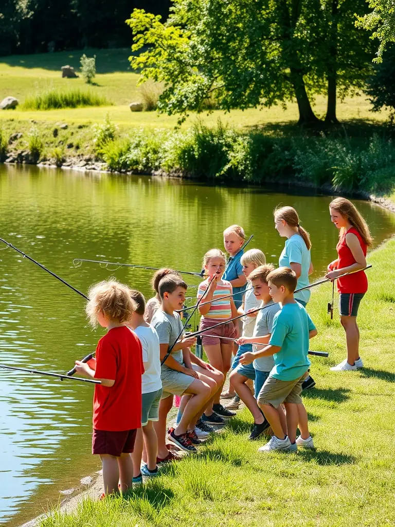 A group of people participating in a fishing activity at the riverbank, smiling and enjoying the outdoors, with fishing rods in hand and lush greenery in the background, representing a community fishing event organized by AMICALE DES PECHEURS DE ROULLET ST ESTEPHE.