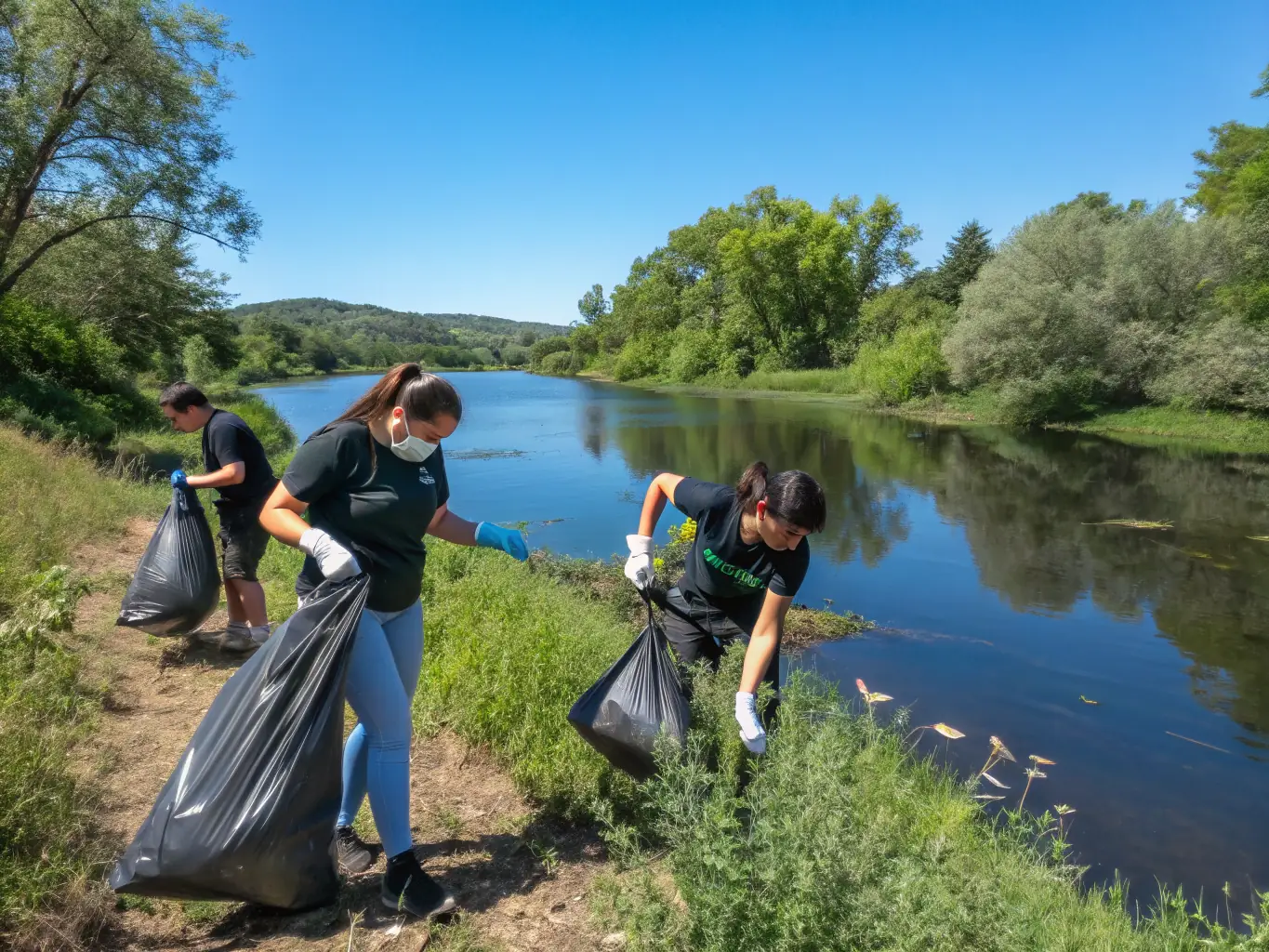 A photo of volunteers cleaning up the banks of the Charente river, removing litter and debris to protect the aquatic habitat.