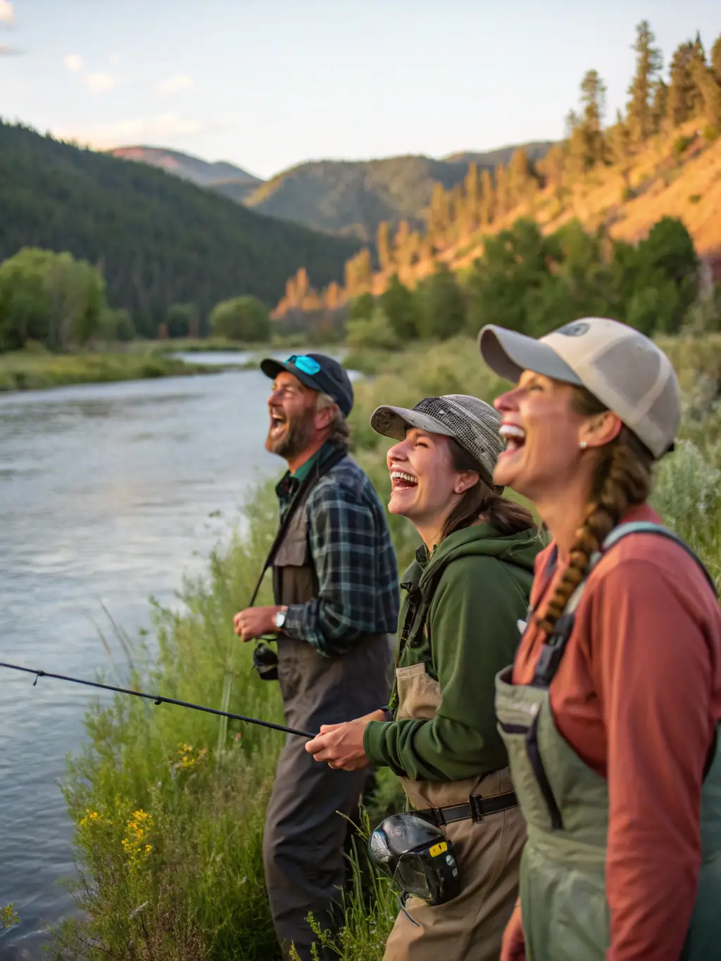 A group of people participating in a fishing activity at the riverbank, smiling and holding fishing rods, with lush greenery in the background, representing the recreational fishing program of AMICALE DES PECHEURS DE ROULLET ST ESTEPHE.