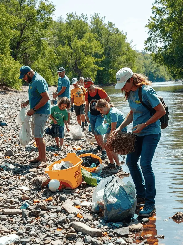 A picture of a group of volunteers cleaning up the banks of a river, removing litter and debris as part of AMICALE DES PECHEURS DE ROULLET ST ESTEPHE's environmental initiative.