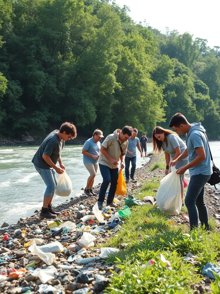 Volunteers cleaning up a riverbank, collecting trash and debris, showcasing the community projects organized by AMICALE DES PECHEURS DE ROULLET ST ESTEPHE.