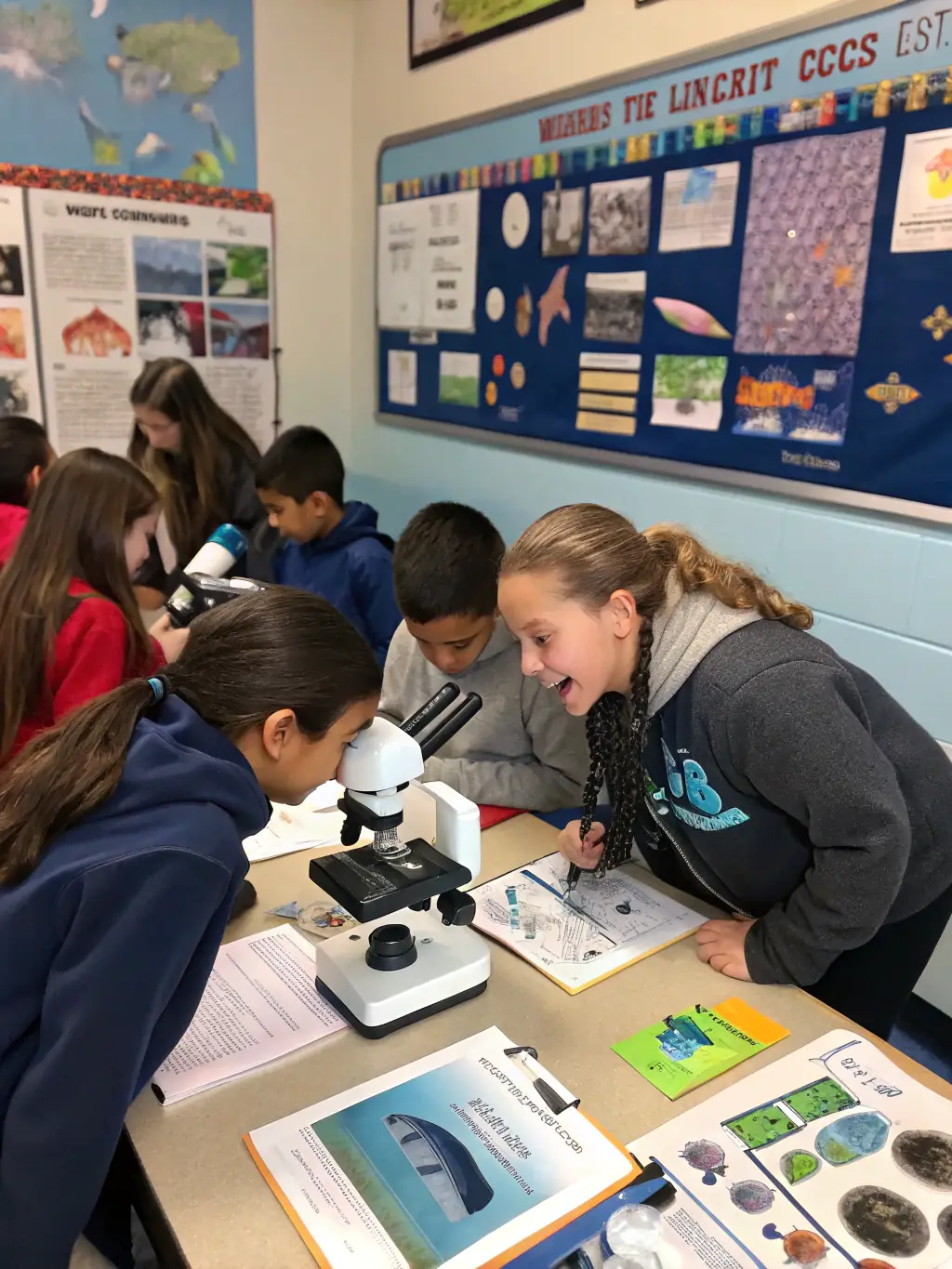A photo of children participating in a workshop about aquatic ecosystems, with microscopes and educational materials, highlighting the educational initiatives of AMICALE DES PECHEURS DE ROULLET ST ESTEPHE.