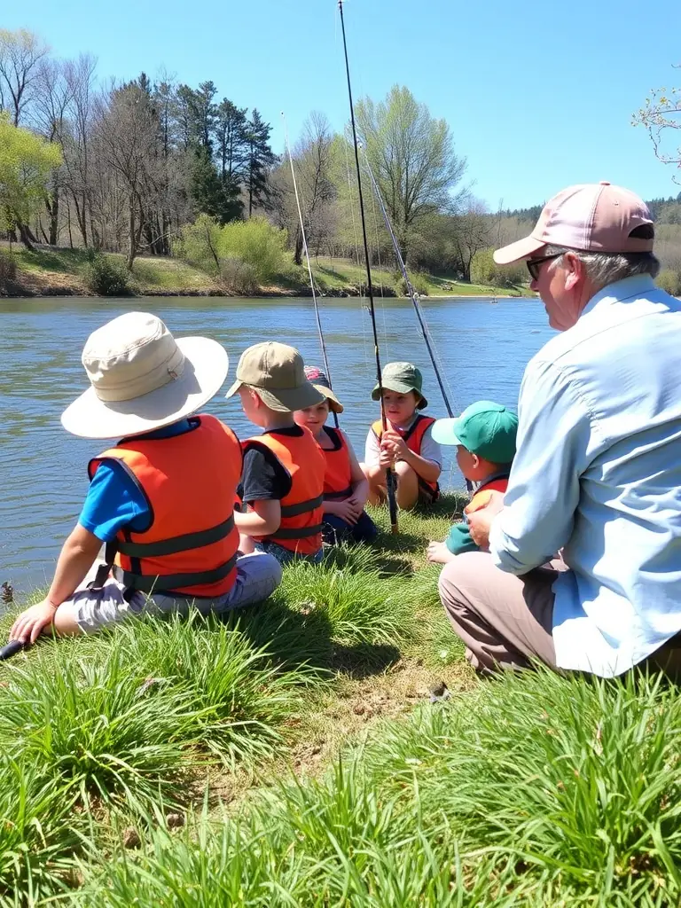 A photograph capturing a group of children learning about fish species at a local riverbank during an educational fishing event organized by AMICALE DES PECHEURS DE ROULLET ST ESTEPHE.