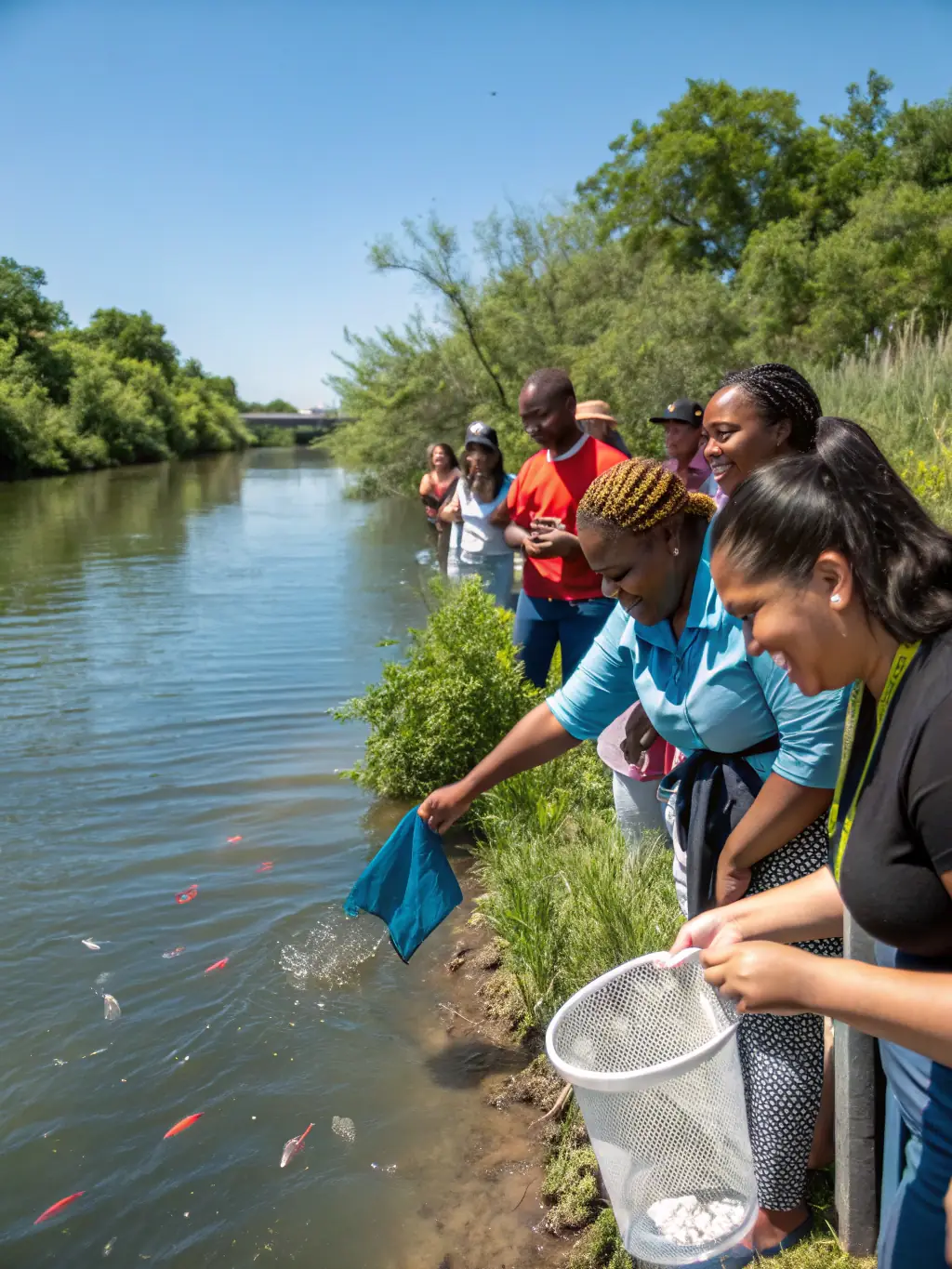 A photo of a group of people releasing fish into a river, symbolizing the fish restocking program of AMICALE DES PECHEURS DE ROULLET ST ESTEPHE.