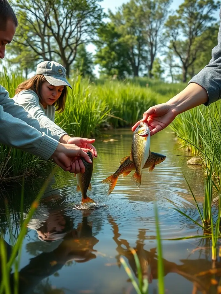 A close-up shot of a person releasing a fish back into the water, showcasing responsible fishing practices and environmental conservation, with clear water and healthy aquatic vegetation visible.