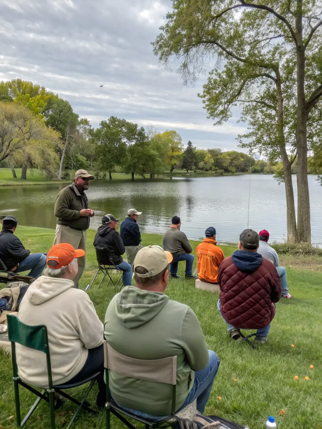 A serene image of a volunteer demonstrating responsible catch-and-release techniques to a participant during a fishing activity at a local lake.
