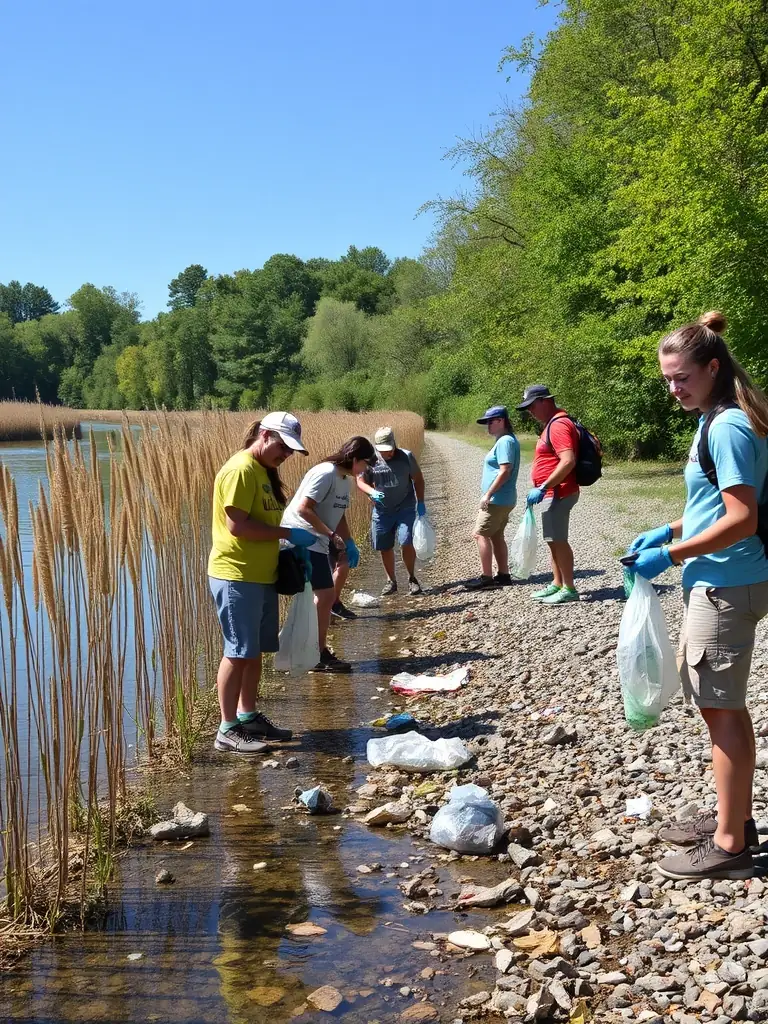 A group of volunteers cleaning up trash and debris from a riverbank, demonstrating community involvement and environmental stewardship, with recycling bags and gloves visible.